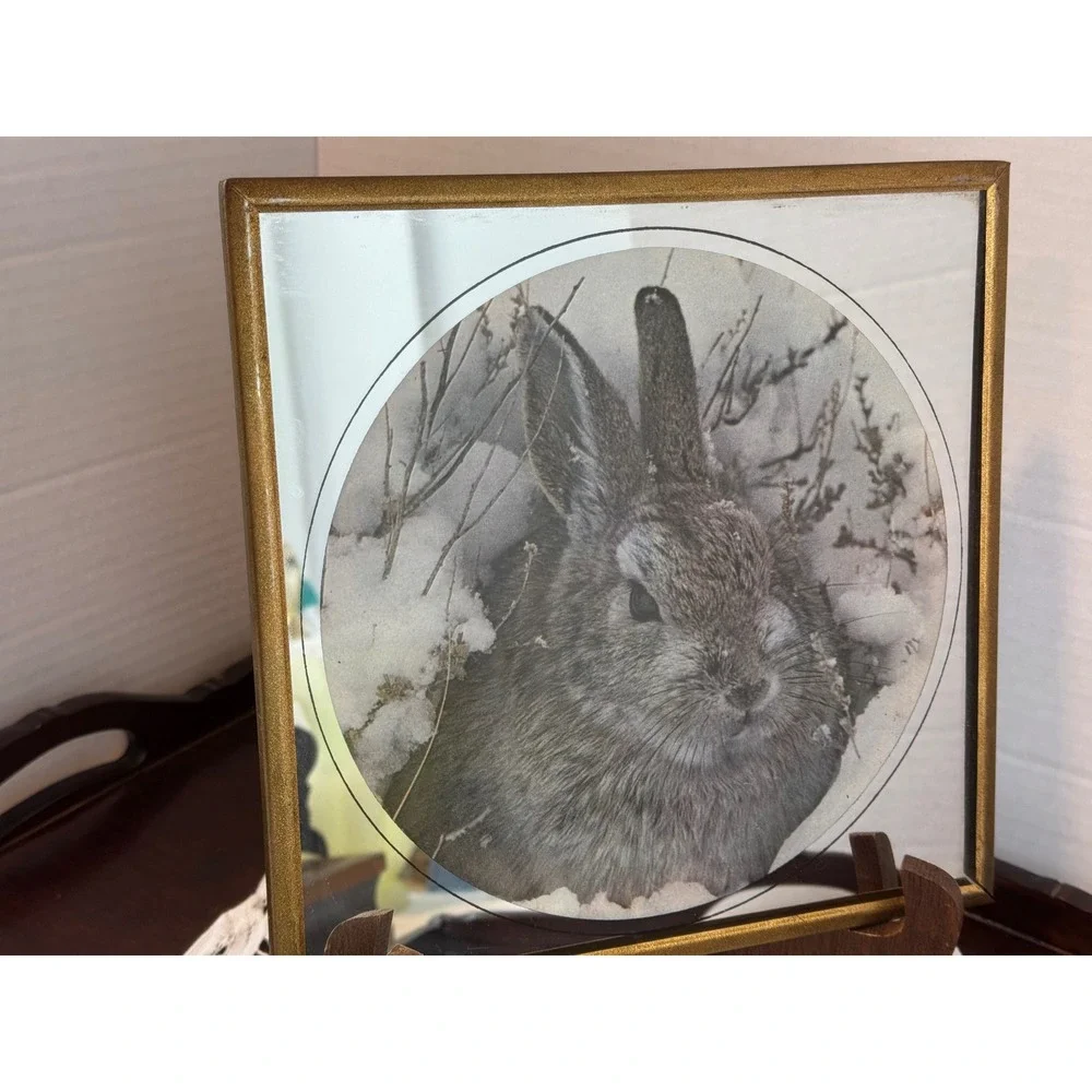 Vintage Etched Mirror Rabbit Art Gold Frame Bunny Snow Scene Nature Decor 8x8